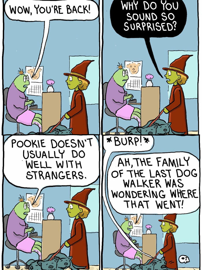 Witch meets a frog-like creature while walking her three-headed hellhound comic