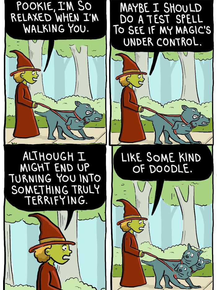 Witch walks three-headed hellhound while discussing magic control in Chelsea Carr comic