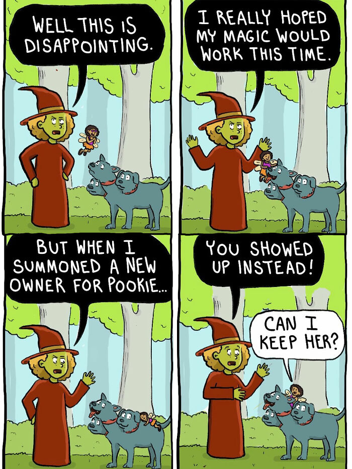 Comic strip of a short-tempered witch with dogs and a tiny fairy in a forest setting