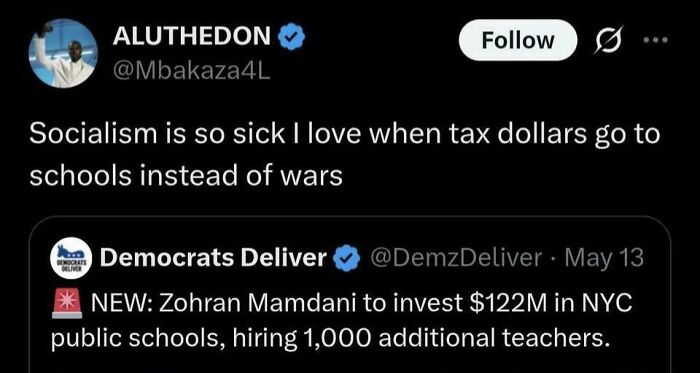 Tweet about socialism funding schools with image of man surrounded by joyful children in classroom