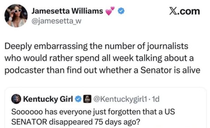 Tweet criticizing journalists for ignoring the disappearance of a U.S. Senator 75 days ago