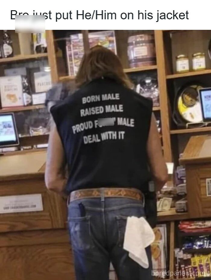 Man wearing jacket with tough guy slogans in store