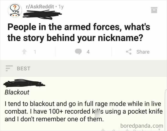 Reddit post about armed forces nickname Blackout describing rage mode and kills in combat