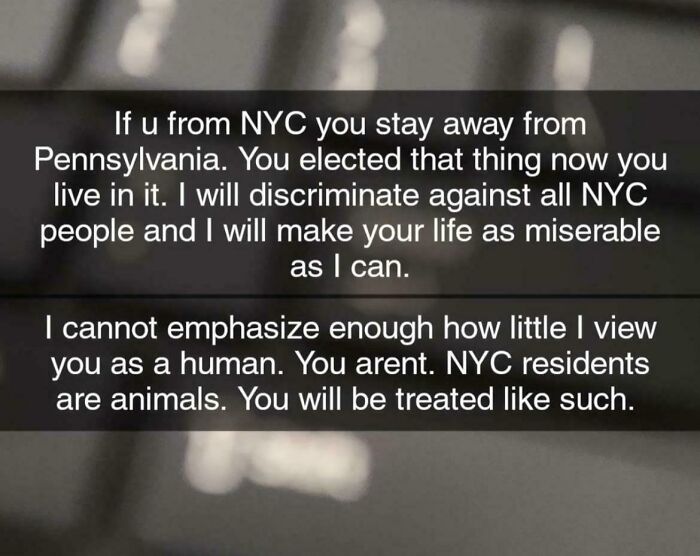 Text message threatening NYC residents with discrimination