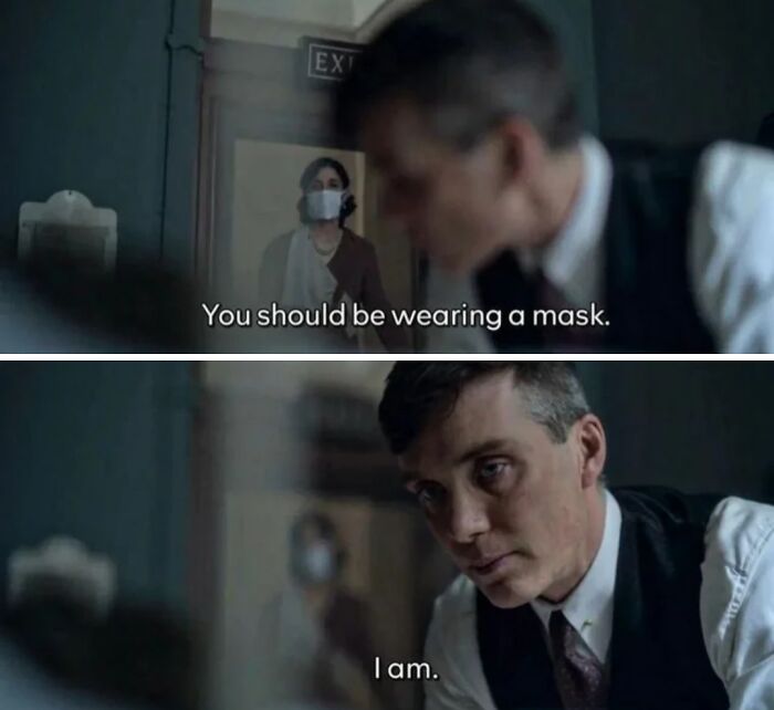 Man in vest tells woman to wear a mask in tense movie scene with subtitles