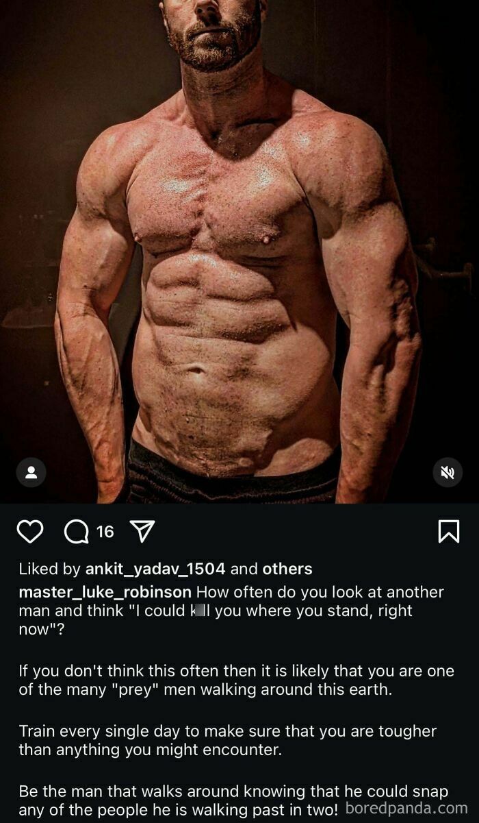 Muscular man posing shirtless with motivational toughness caption on Instagram