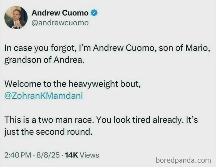 Andrew Cuomo tweet about heavyweight bout and competition with Zohra Mamdani