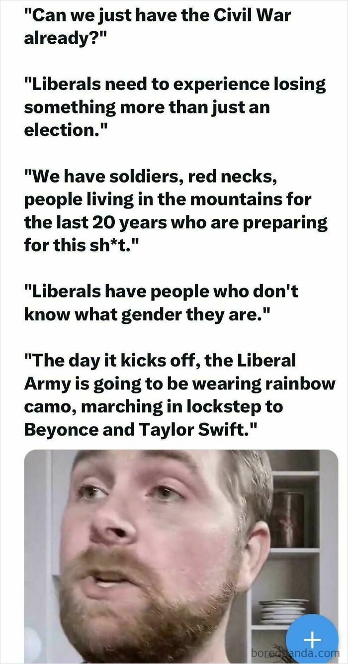 Man with beard speaking with quotes about civil war and liberals with blurred background