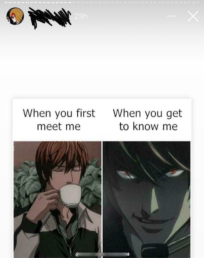 Anime meme contrasting first meeting and getting to know tough guys