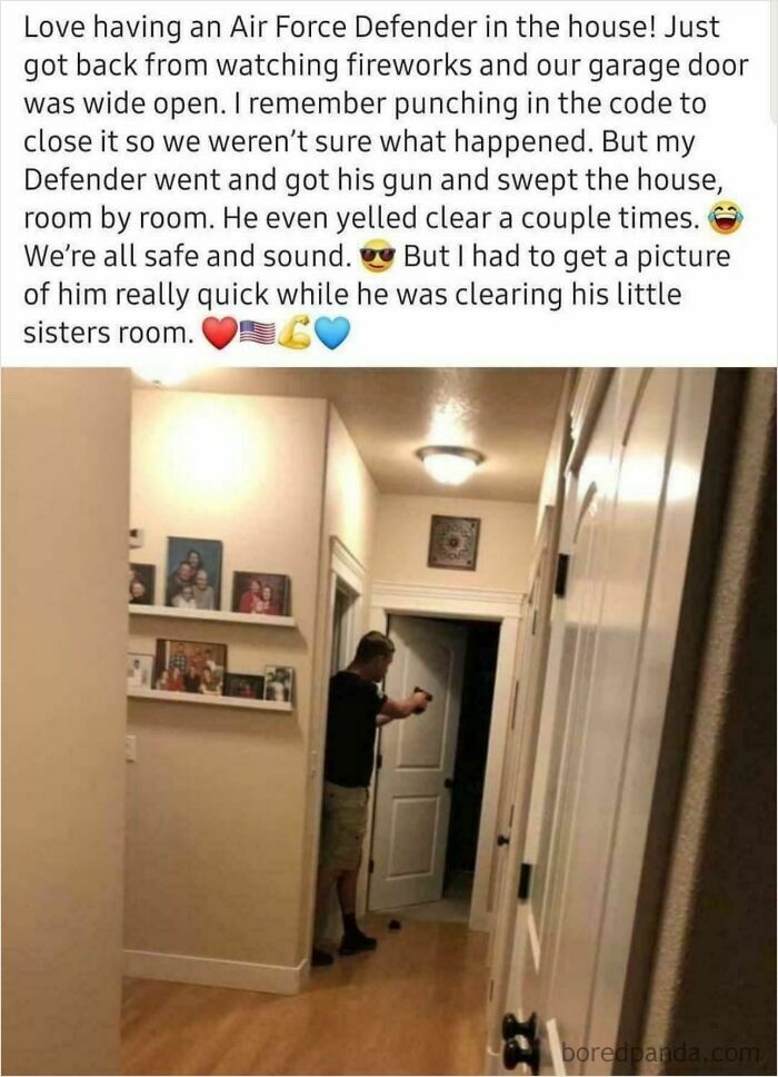 Man with gun sweeping house in hallway portraying Air Force defender toughness