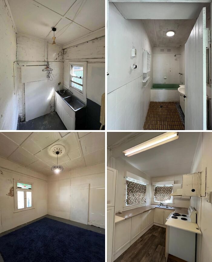 Four separate photos of a rundown, outdated apartment demonstrating poor renting and booking quality.