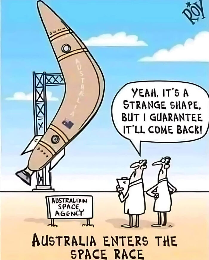 Cartoon of Australian space agency launching boomerang in space race joke