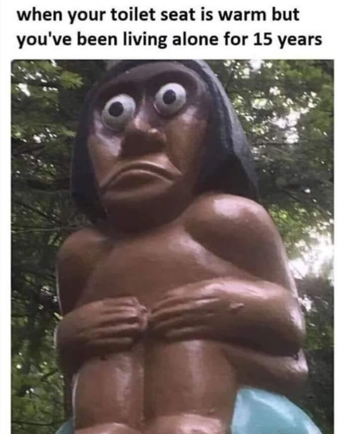 Funny meme with statue showing shock about warm toilet seat after years alone