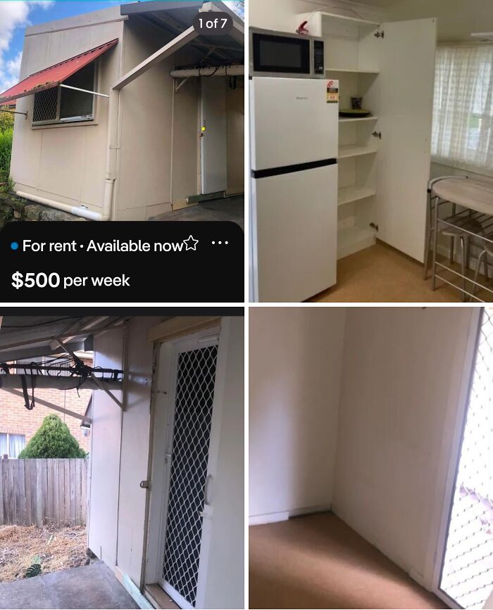 Four photos showing a small, run-down shed-like apartment listed as a renting and booking unit for 500 dollars.