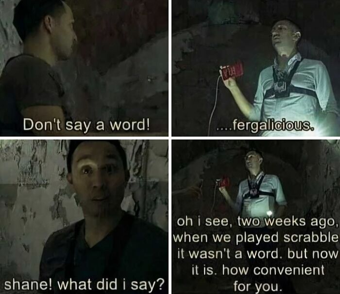 Scrabble word dispute meme with two men and dialogue about word legality