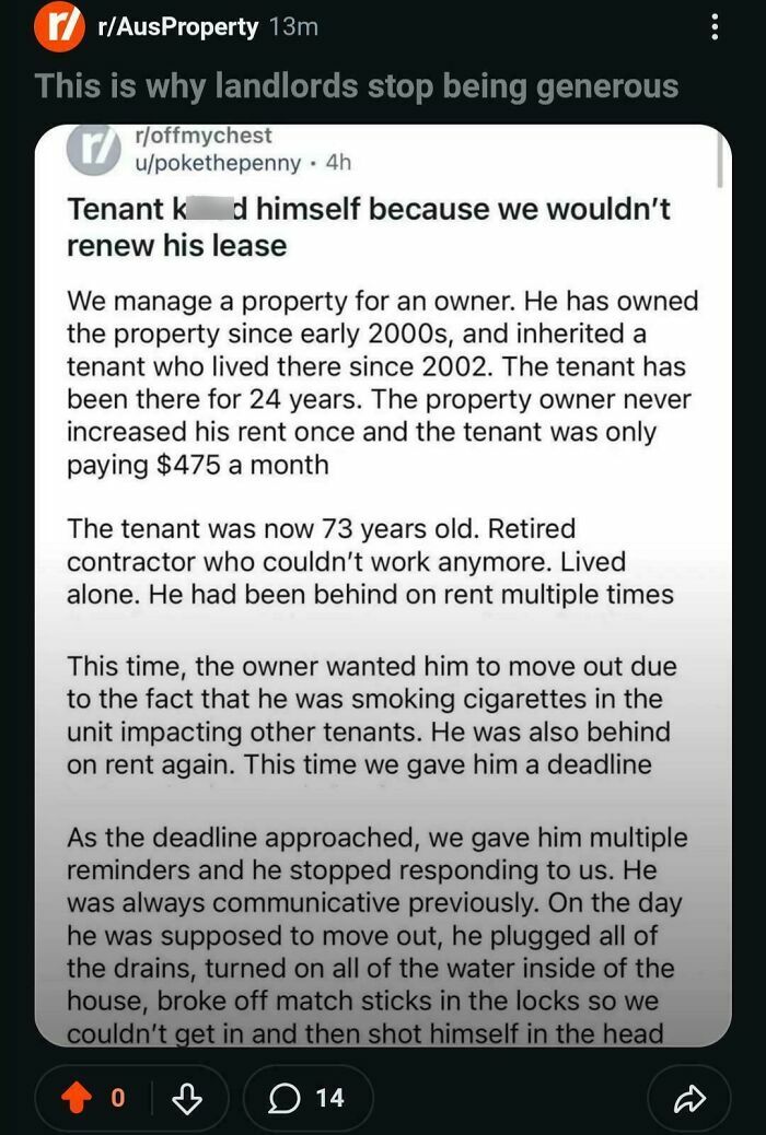 Reddit post sharing a dark renting and booking story of a tenant refusing to move out