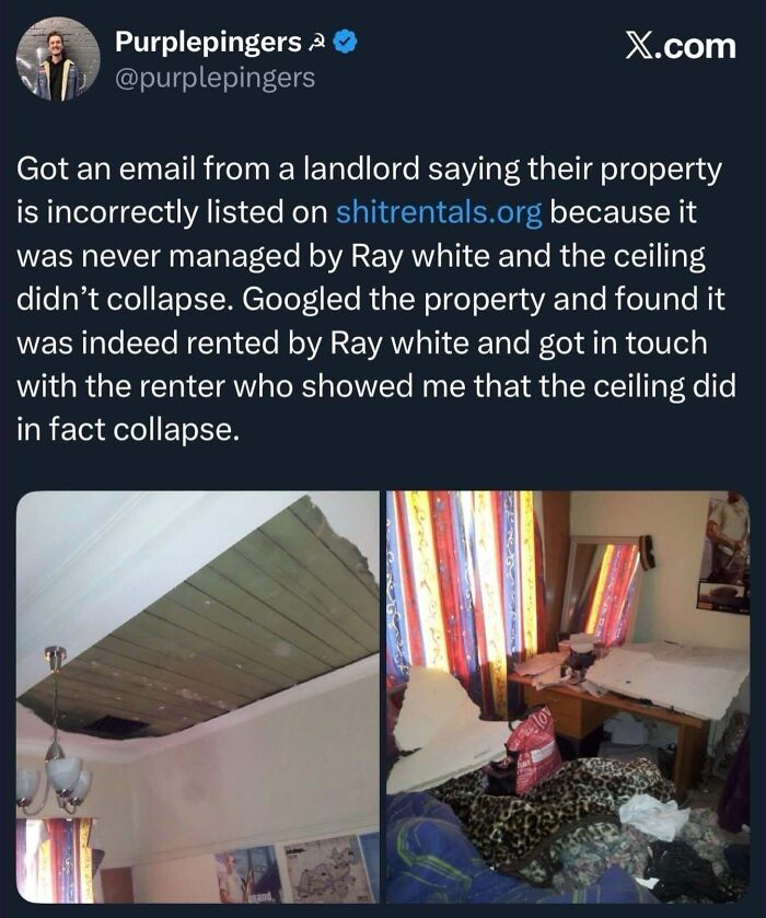A social media post about a collapsed ceiling, showing terrible renting and booking experiences.
