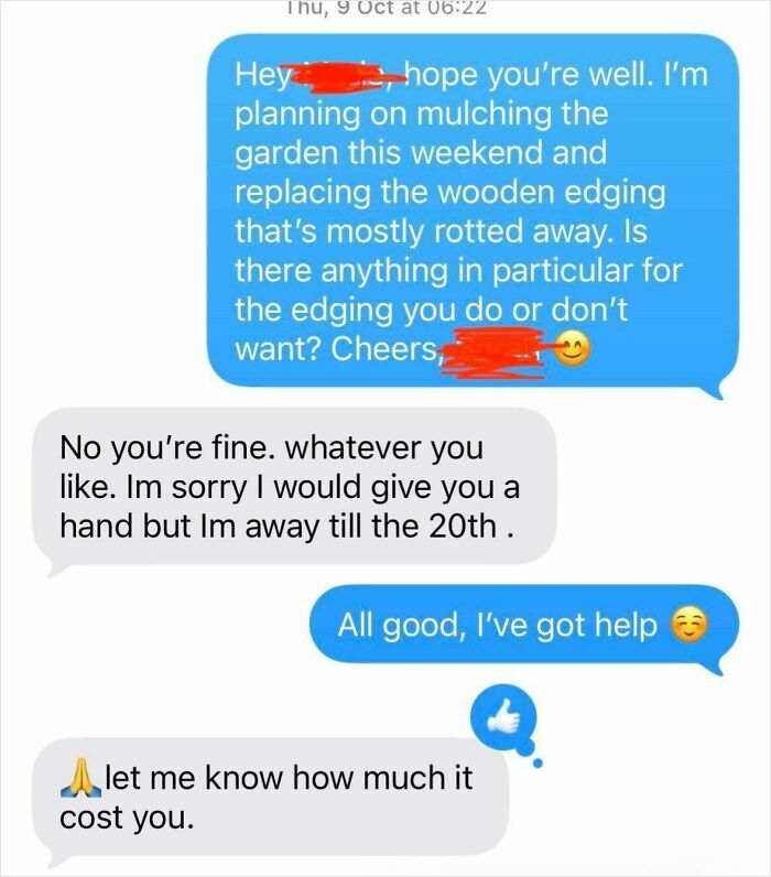 Text messages between landlord and tenant about garden mulching, illustrating common renting experiences.
