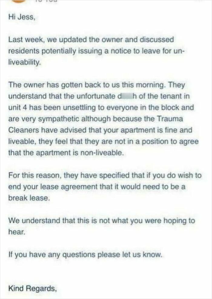 An email from a landlord refusing to let a tenant leave without a break lease penalty