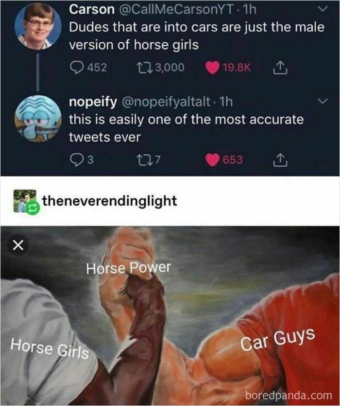 Meme comparing car guys and horse girls with arm wrestling labeled horsepower