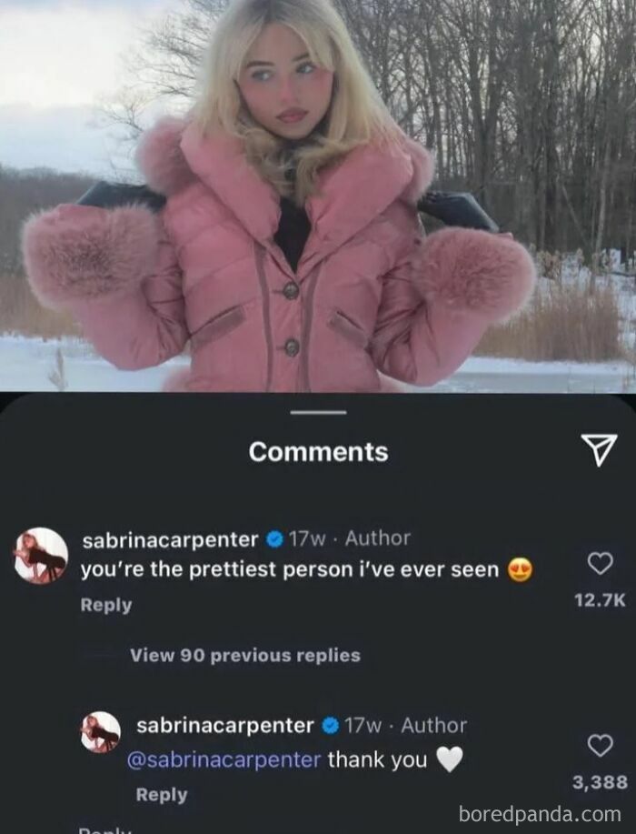 Instagram comments where celebrity Sabrina Carpenter pretended to be someone else to compliment her own photo.