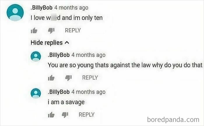 A YouTube comment thread by BillyBob arguing with himself, showing he pretended to be someone else.