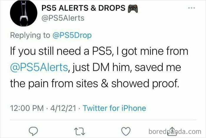 Twitter screenshot where a user pretended to be someone else recommending a PS5 alert account