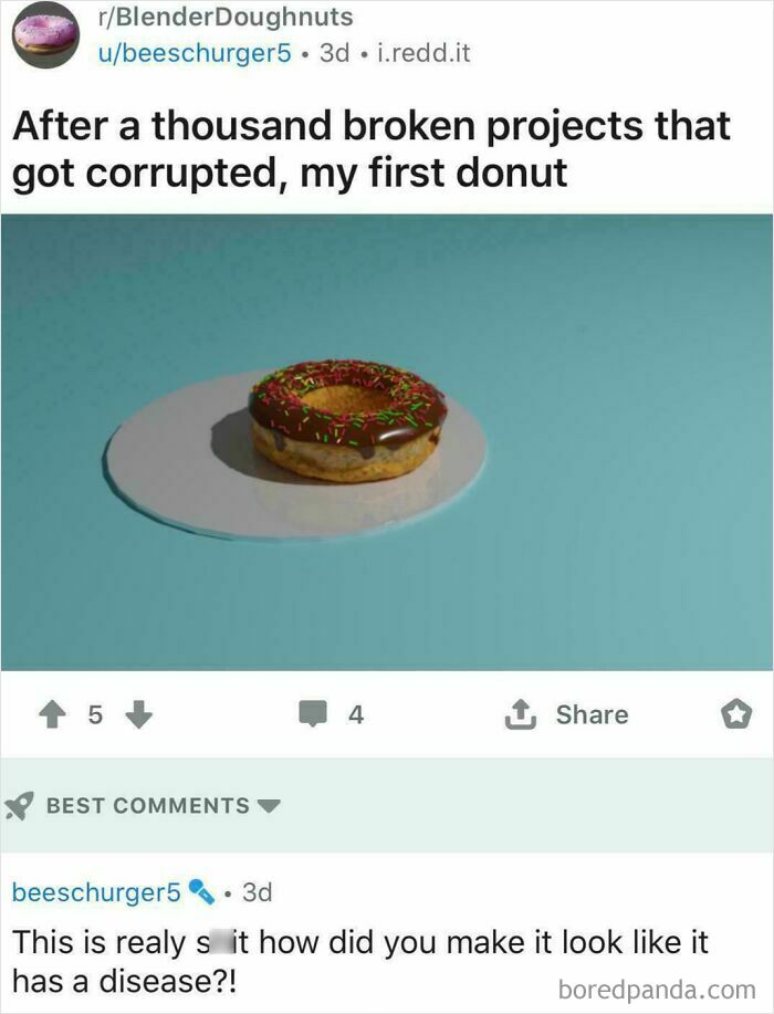 A Reddit post of a 3D donut model where the creator forgot to switch accounts and criticized their own work