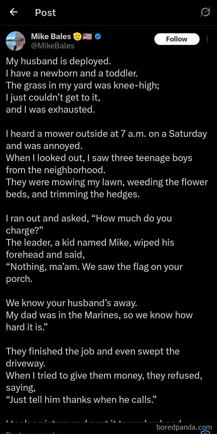 A social media post where a user pretended to be someone else to share a fake heartwarming story about mowing lawns.
