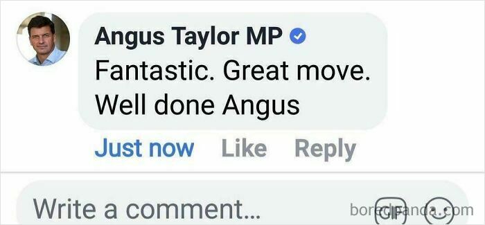 Facebook comment screenshot where a politician pretended to be someone else to compliment himself.