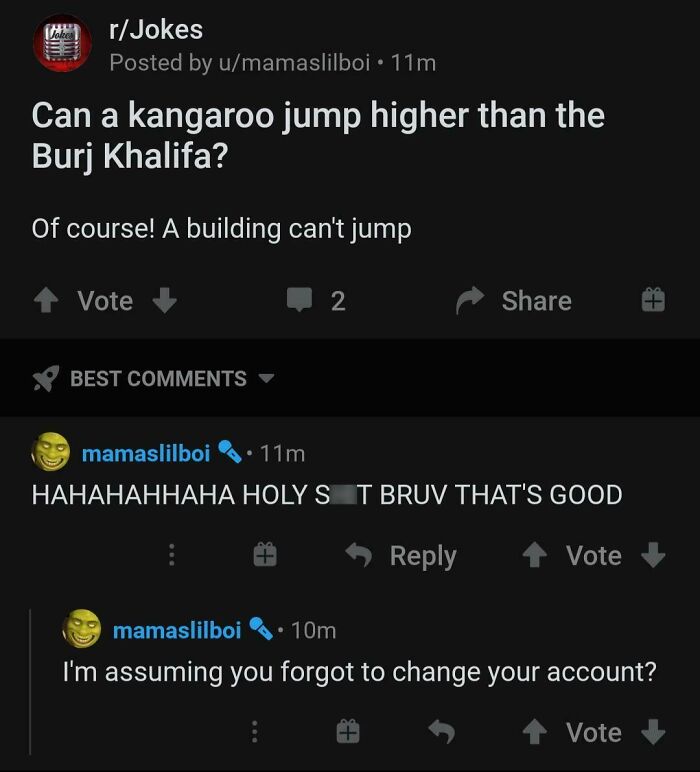 Reddit post screenshot of a user who pretended to be someone else by replying to their own joke with the same account.