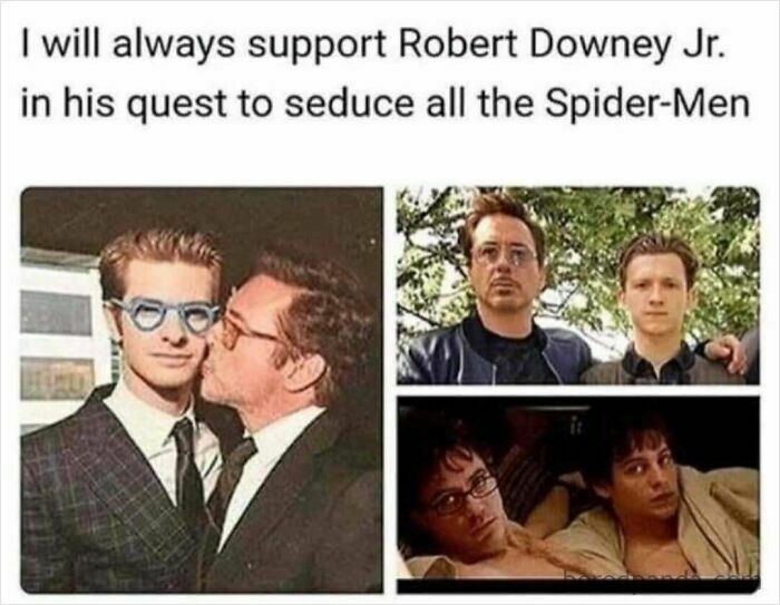 Funny edgy meme featuring Robert Downey Jr. with Spider-Men characters