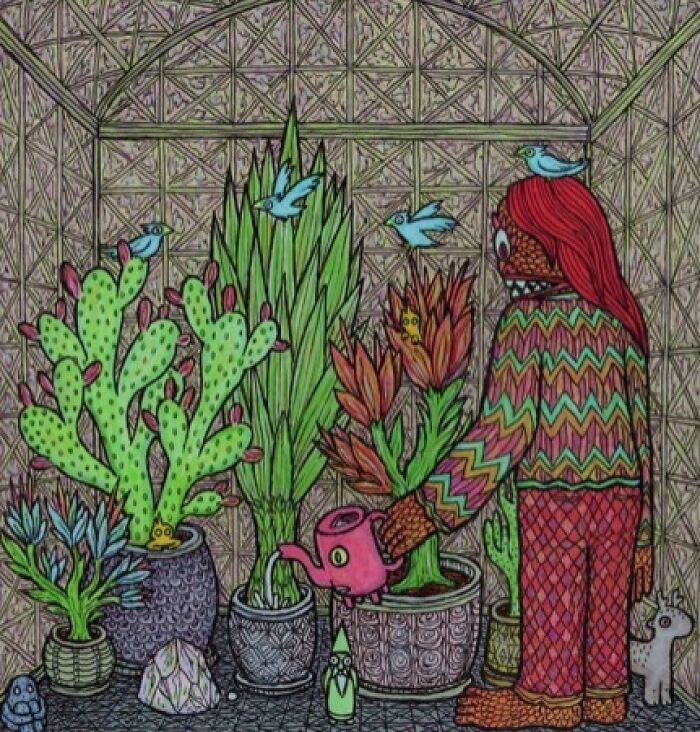 Theo Ellsworth artwork of a figure watering plants with birds flying inside a patterned greenhouse