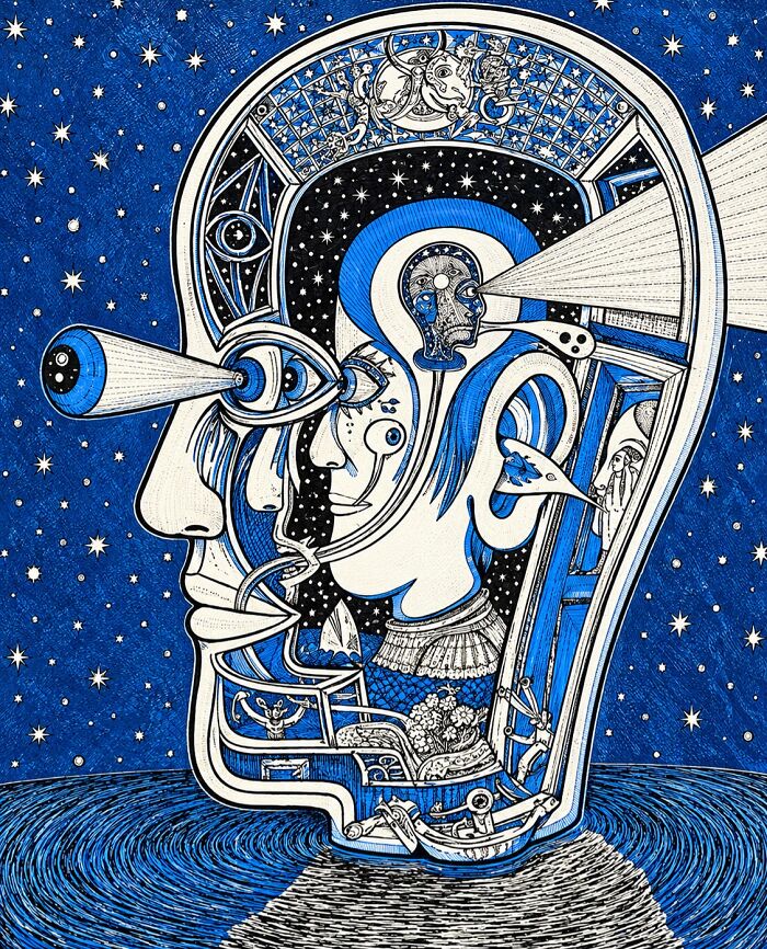 Theo Ellsworth surreal artwork showing abstract human head with cosmic and mechanical elements