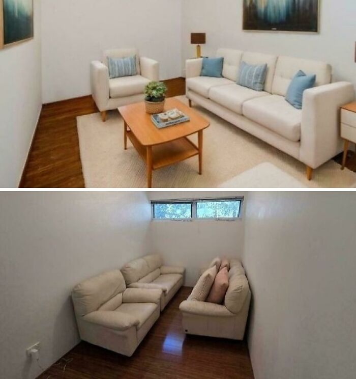 A comparison of a spacious staging photo versus a cramped real room showing a renting and booking fail
