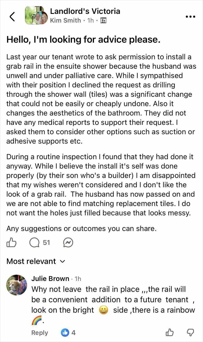 An online landlord forum post about shower rail installations, showing difficult renting experiences.