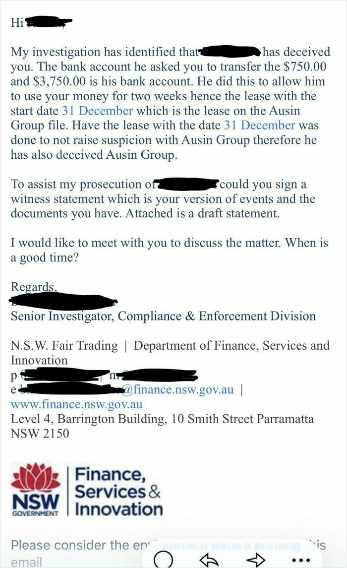 Official letter about a fraudulent renting and booking scheme investigated by NSW Fair Trading