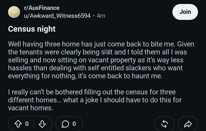 A screenshot of a landlord complaining about census night for three vacant renting properties