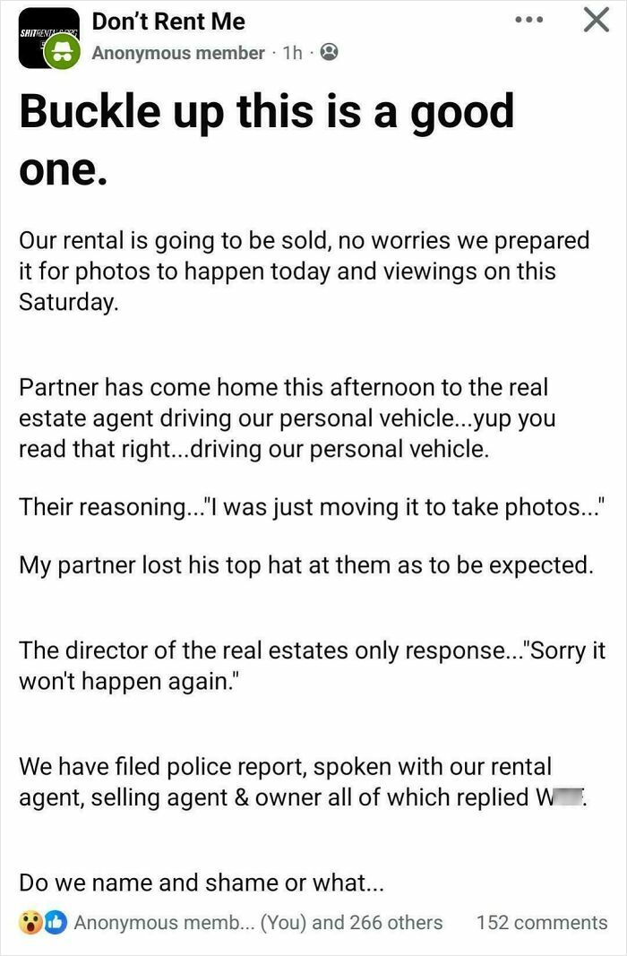 A social media screenshot detailing a bad renting and booking experience with a real estate agent.