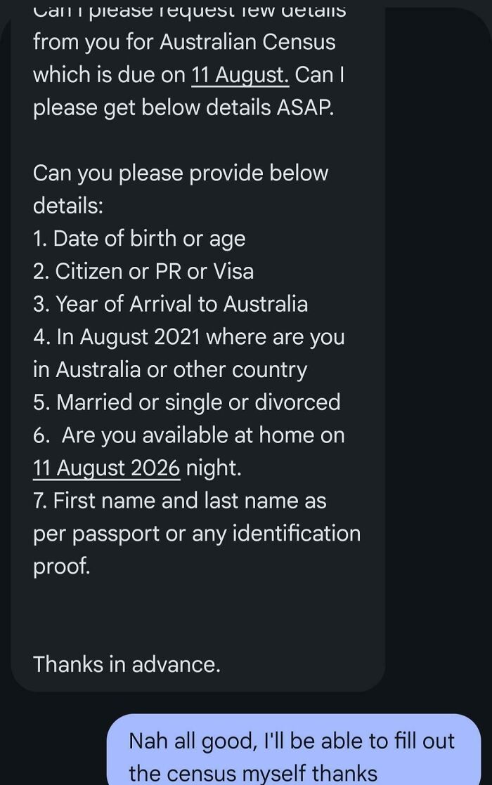 Text messages from a renting process asking for census information.