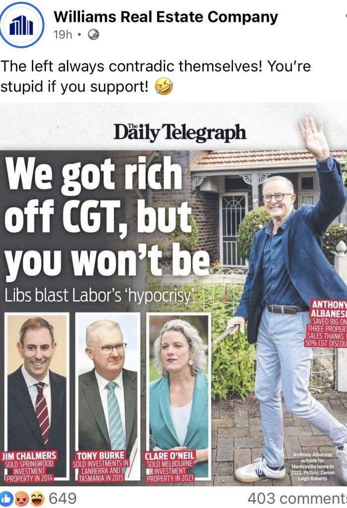A news article post discussing renting and housing market hypocrisy.