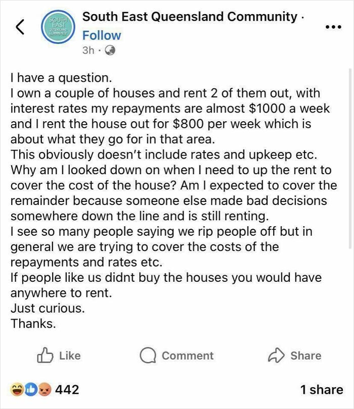 A social media post about renting houses and covering interest rates.