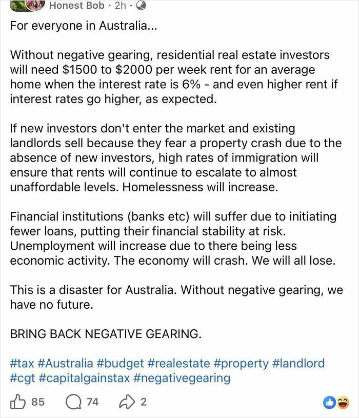 A social media post arguing against negative gearing changes, reflecting issues in renting and booking homes.