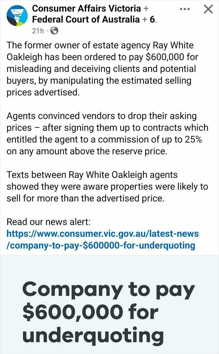 A news screenshot about renting and booking agency fined $600,000 for underquoting