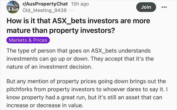 Reddit post discussing how property renting and booking is treated differently from other investments
