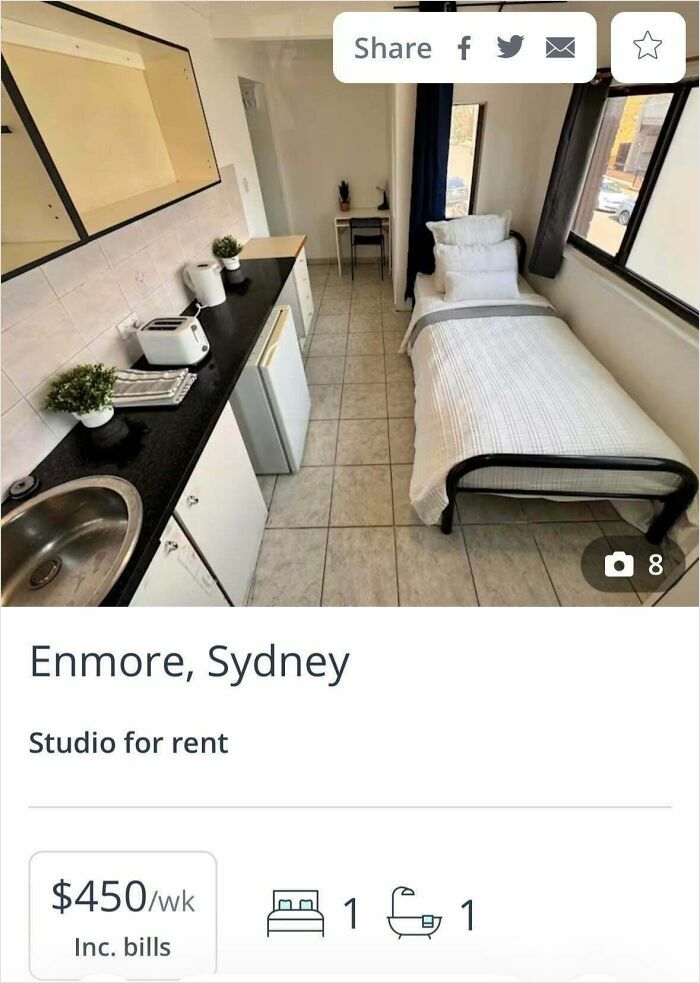 An extremely narrow studio for rent in Sydney, showing regrettable renting and booking experiences.
