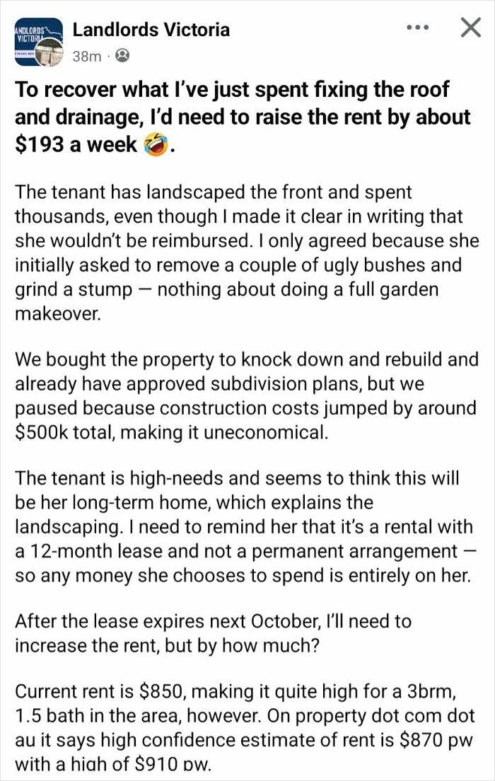 A facebook post from a landlord complaining about a tenant, showing renting and booking disputes