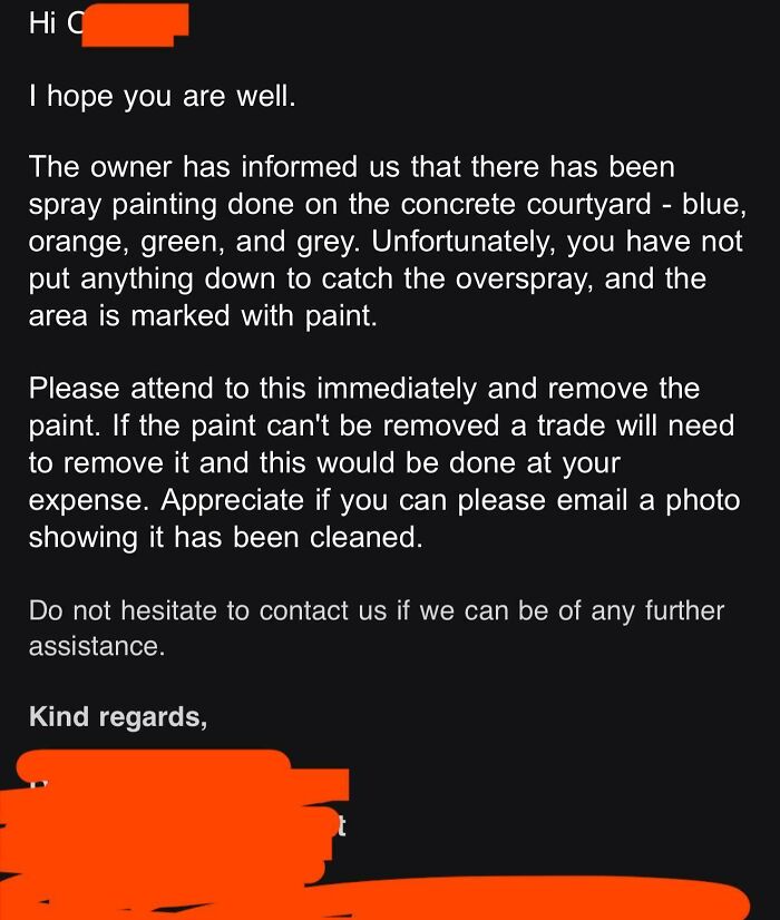 Screenshot of an email about a renting and booking dispute regarding paint overspray on a courtyard.