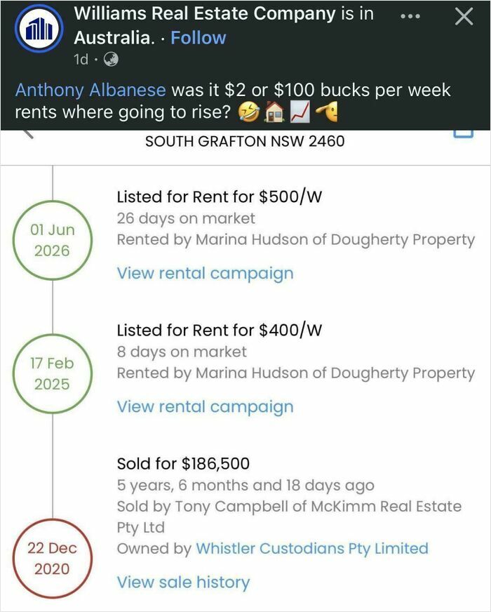 Listing history screenshot showing massive rent price hikes over five years, a common renting concern.