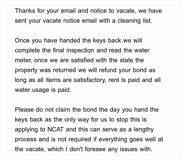 An email notice to vacate that shows a complicated renting and booking process for a tenant.